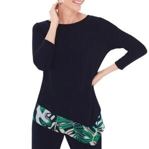 Chico's Travelers Collection Navy Slinky Knit Top Classic Palm Chiffon Trim XL